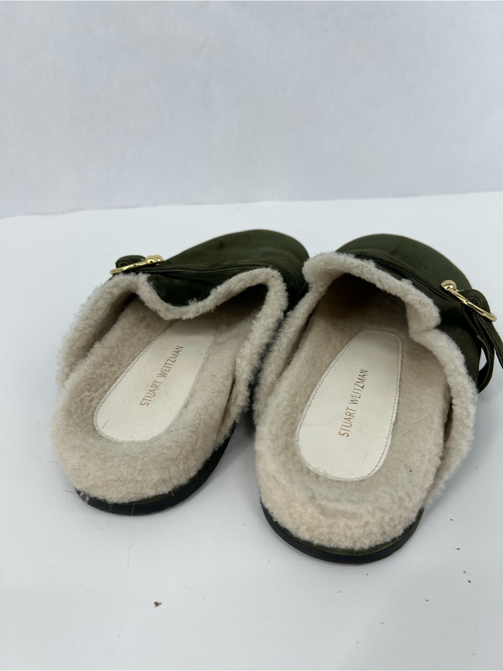 Stuart Weitzman Olive Green Suede Shearling-Trim Mules with Gold Ring - Picture 11 of 11